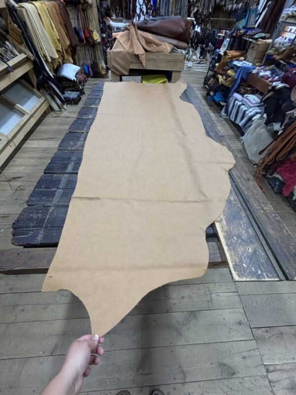 Large tan leather hide on table.