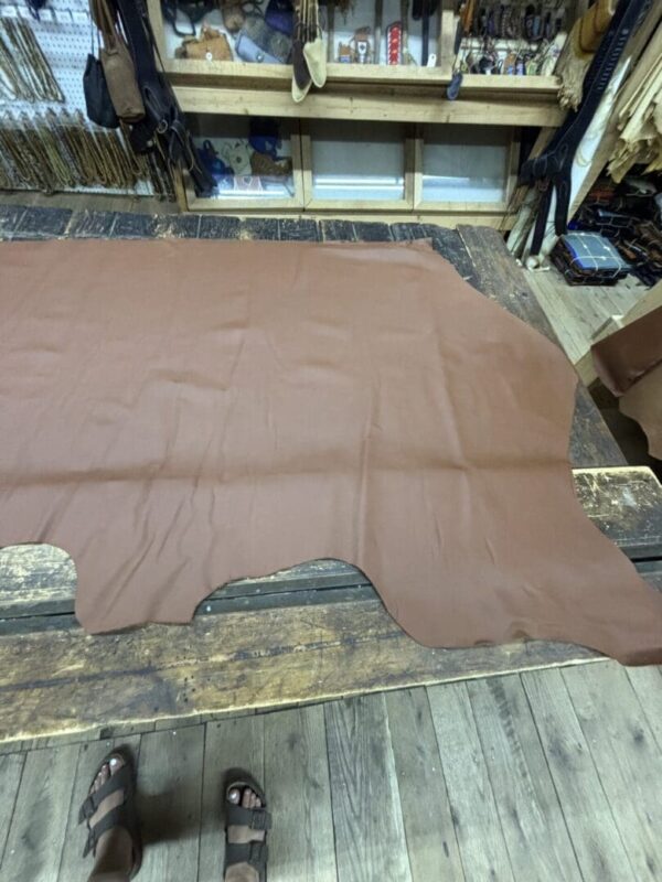 Brown leather hide on wooden floor.