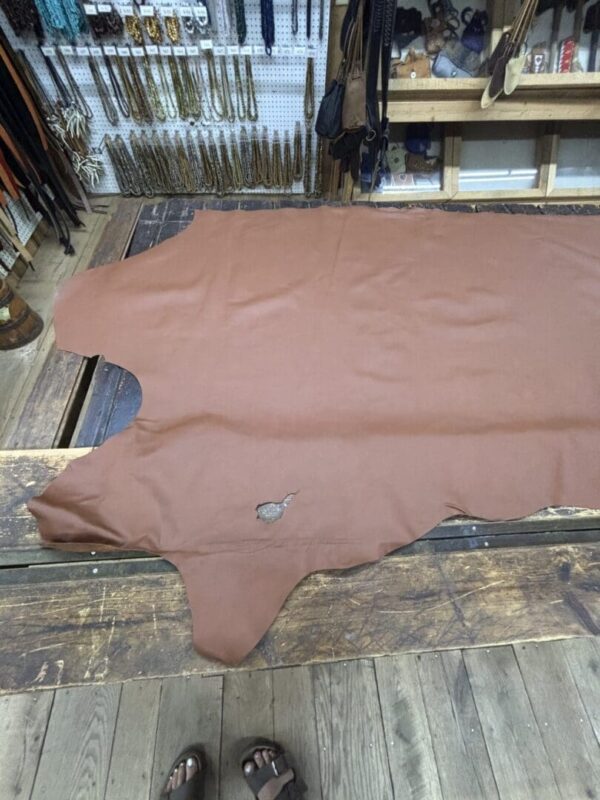 Brown leather hide on wooden floor.