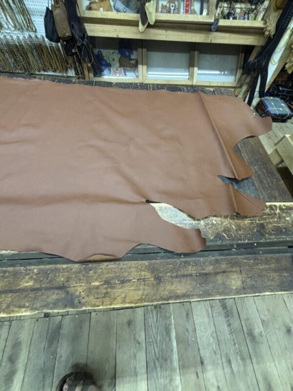 Brown leather hide on wooden floor.