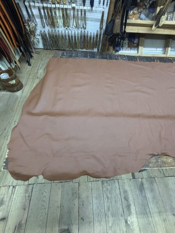 Brown leather hide on wooden floor.