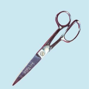 RTCJ8050 Silver Gingher scissors on blue background.