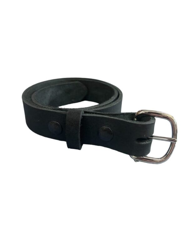 Black leather belt with silver buckle.