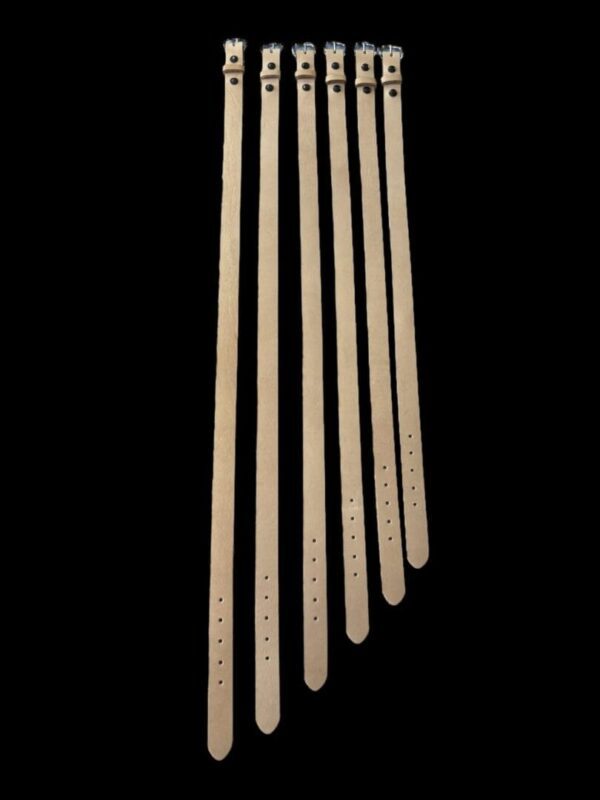 Six tan leather belts with buckles.