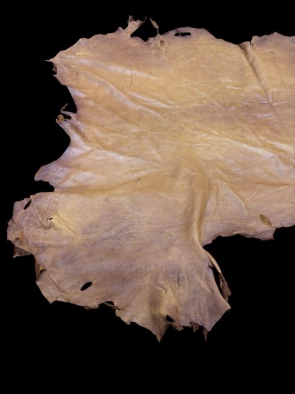 Tanned leather piece on a dark background.