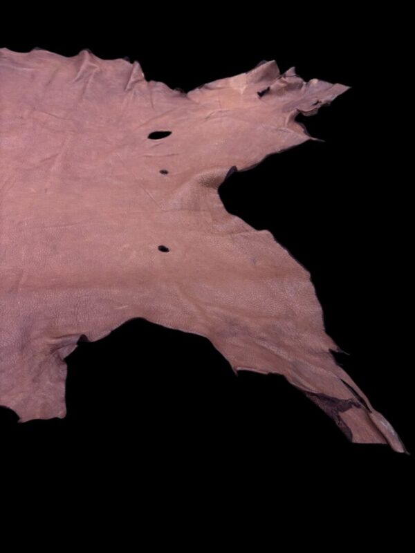 Brown leather hide with irregular edges and holes.