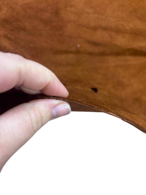 HEYF7161 Hand holding a piece of brown material.