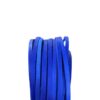 Blue flat shoelaces coiled on white background.