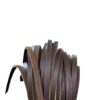 Brown leather strips coiled against white background.