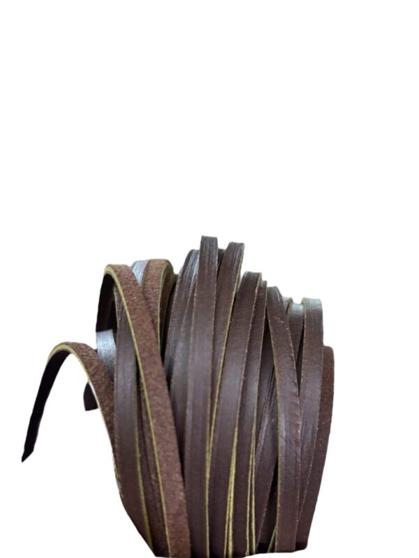 Brown leather strips coiled against white background.