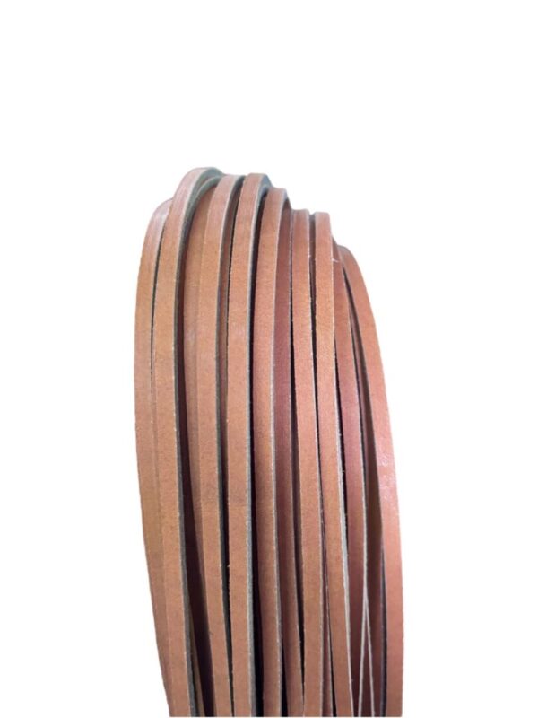 Brown leather strips coiled, white background.
