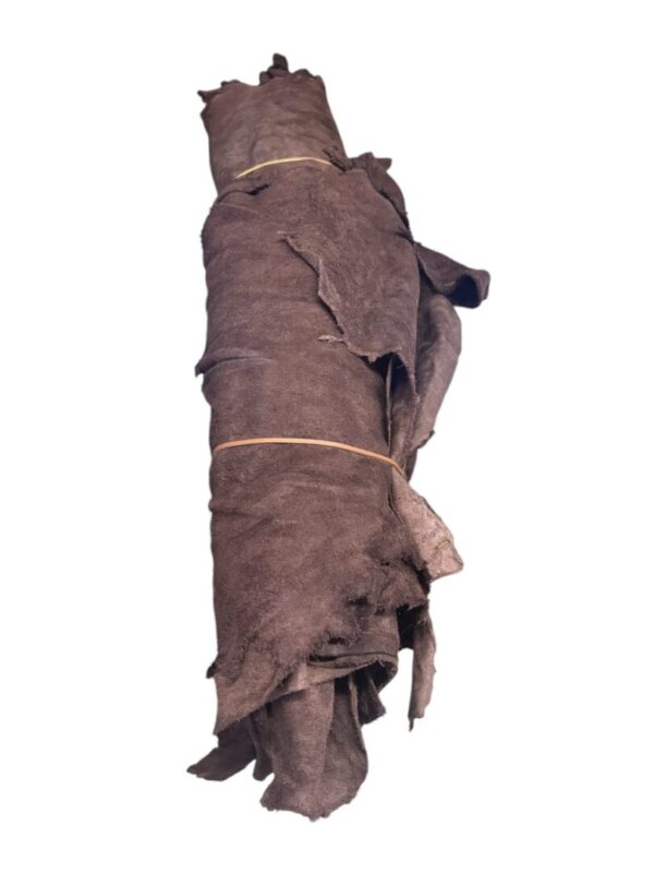 Rolled brown leather hide, isolated view.